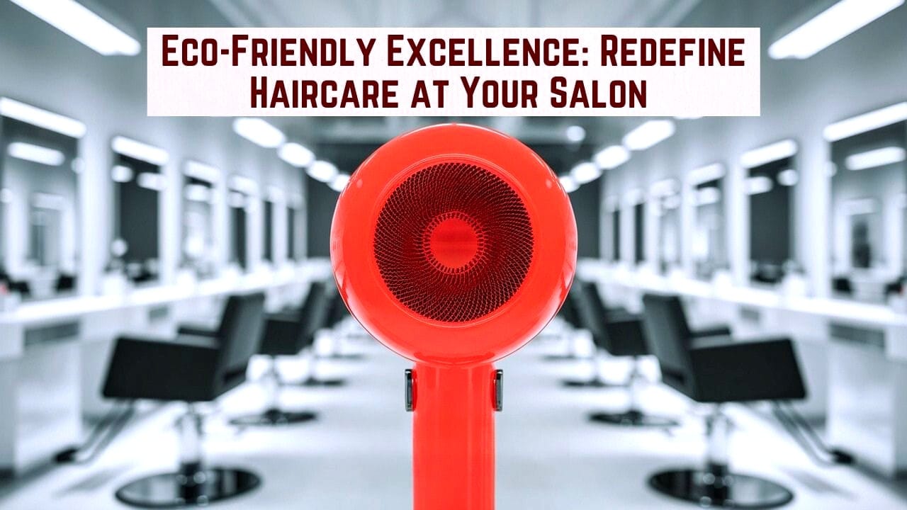 Eco-friendly salon promoting vegan haircare with a bold red dryer and modern interiors for sustainable style.