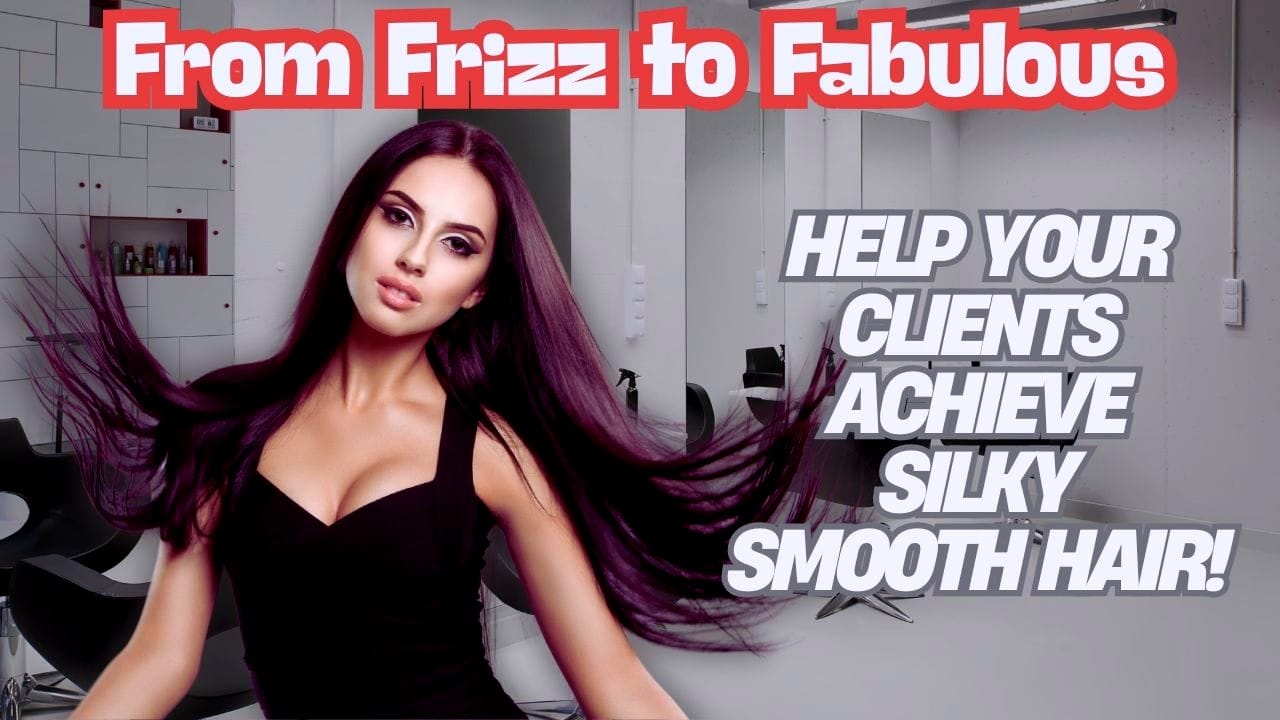 Stylish woman with long, sleek hair in a modern salon with text promoting frizz-free, silky smooth hair treatments.