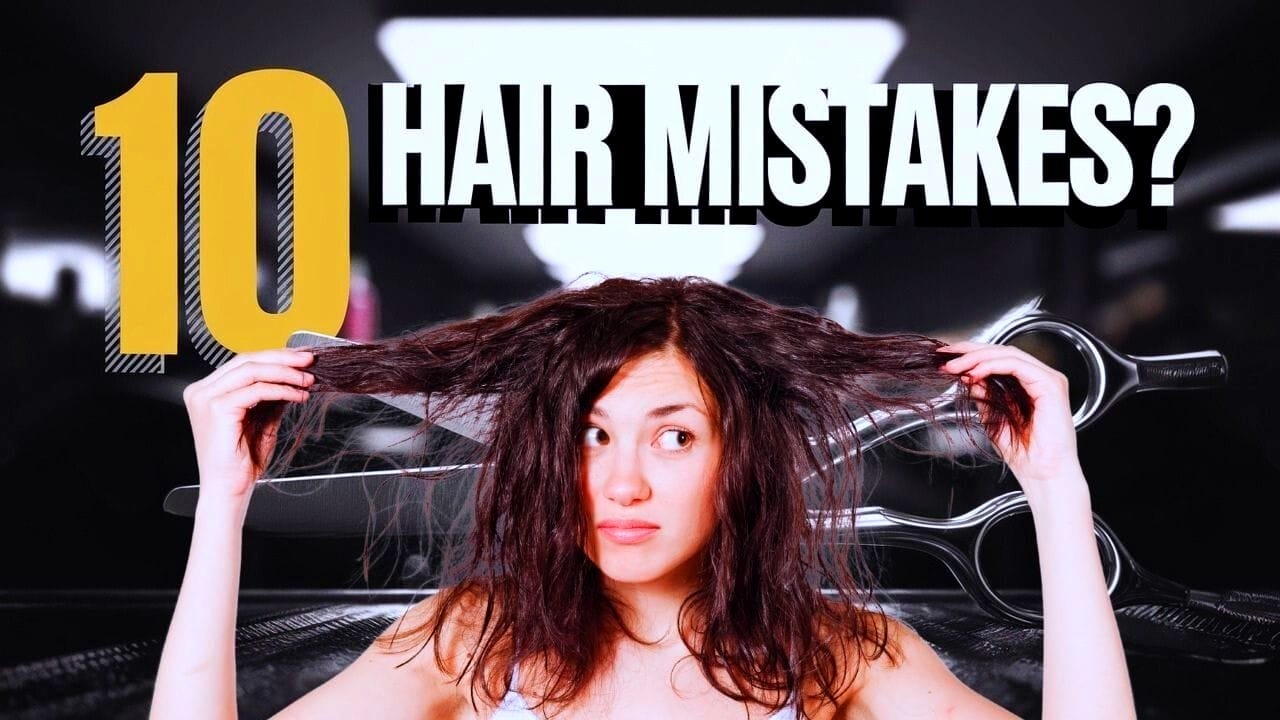 Woman with frizzy, damaged hair looking concerned, with text highlighting '10 Hair Mistakes' in a salon.