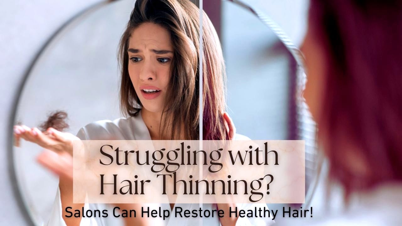 Woman worried about hair loss, holding hair strands in mirror reflection, seeking solutions.