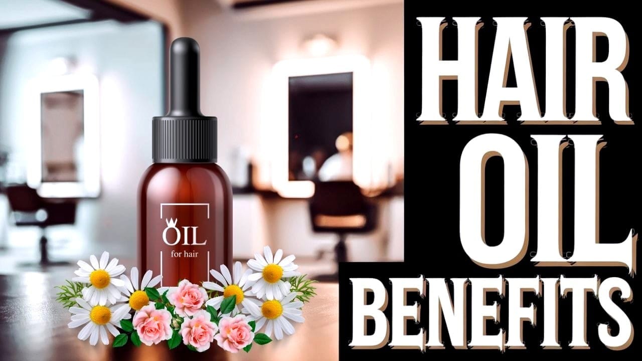 A bottle of hair oil with floral elements in a salon setting, highlighting hair oil benefits.