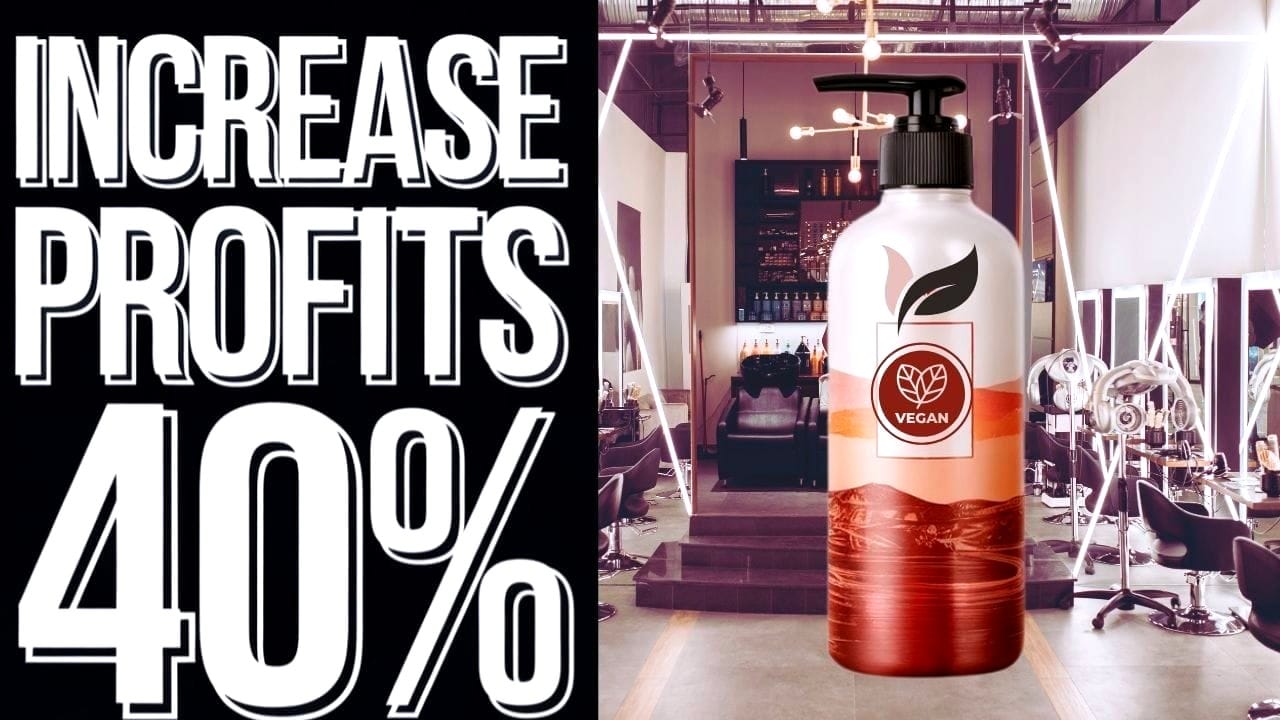 Increase profits by 40% with vegan hair care products in a modern salon setting, promoting sustainable beauty solutions.