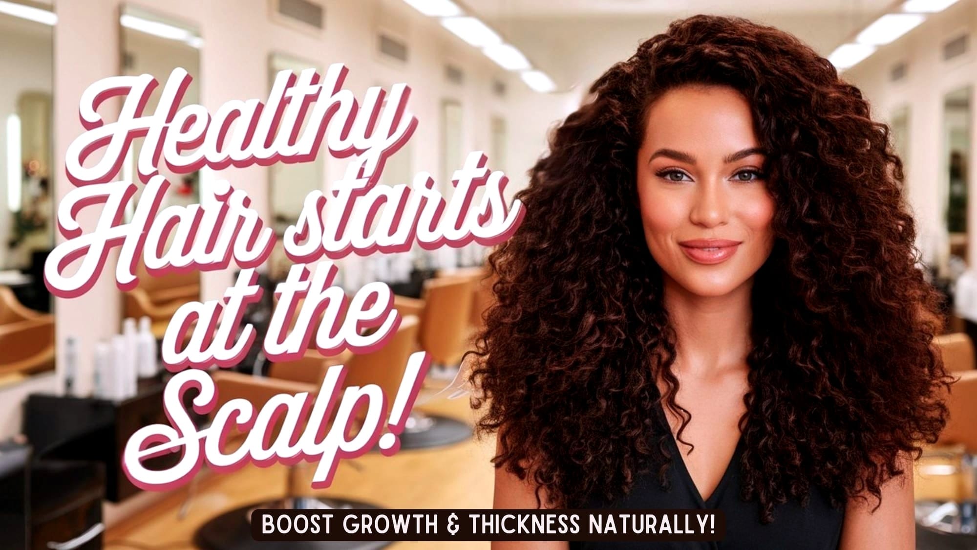 Confident woman with voluminous curls in a salon, showcasing healthy hair and natural scalp care.