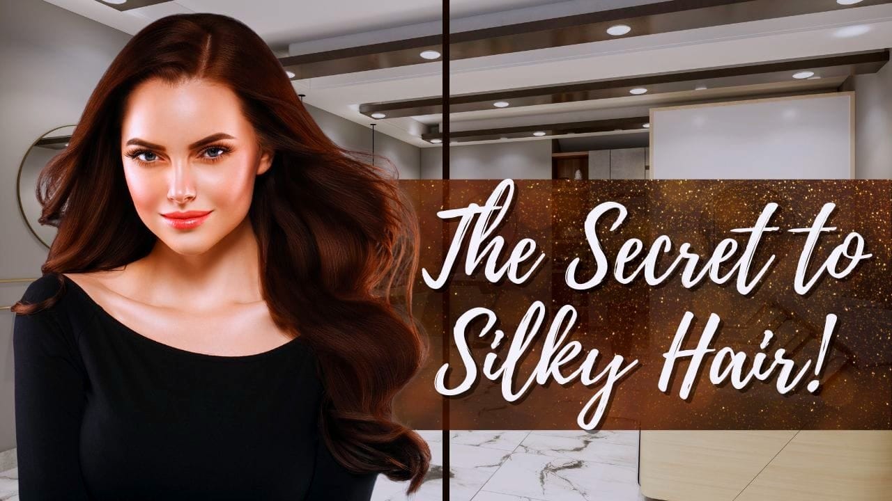 A woman with long, silky hair in a salon setting with text overlay that reads 'The Secret to Silky Hair!