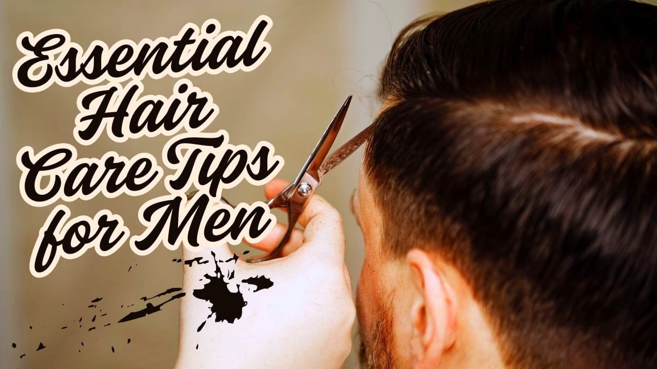 A graphic with a dark background and white, bold text that reads "Essential Hair Care Tips for Men.