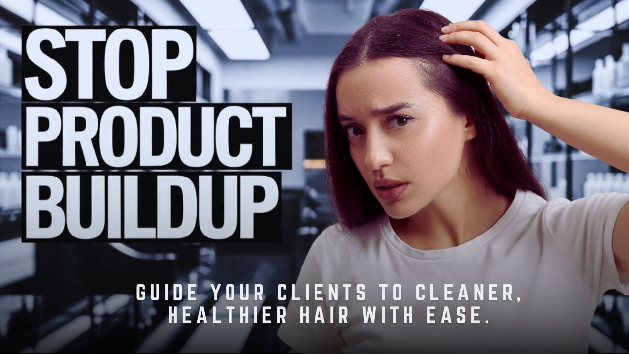 Concerned woman examining scalp with "STOP PRODUCT BUILDUP" text; caption promotes guiding clients to healthier hair.