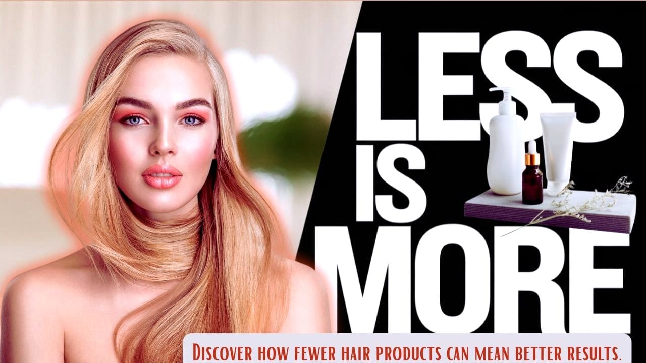 Blonde woman with smooth hair beside "LESS IS MORE" text; minimal hair products and a caption promoting simplicity.