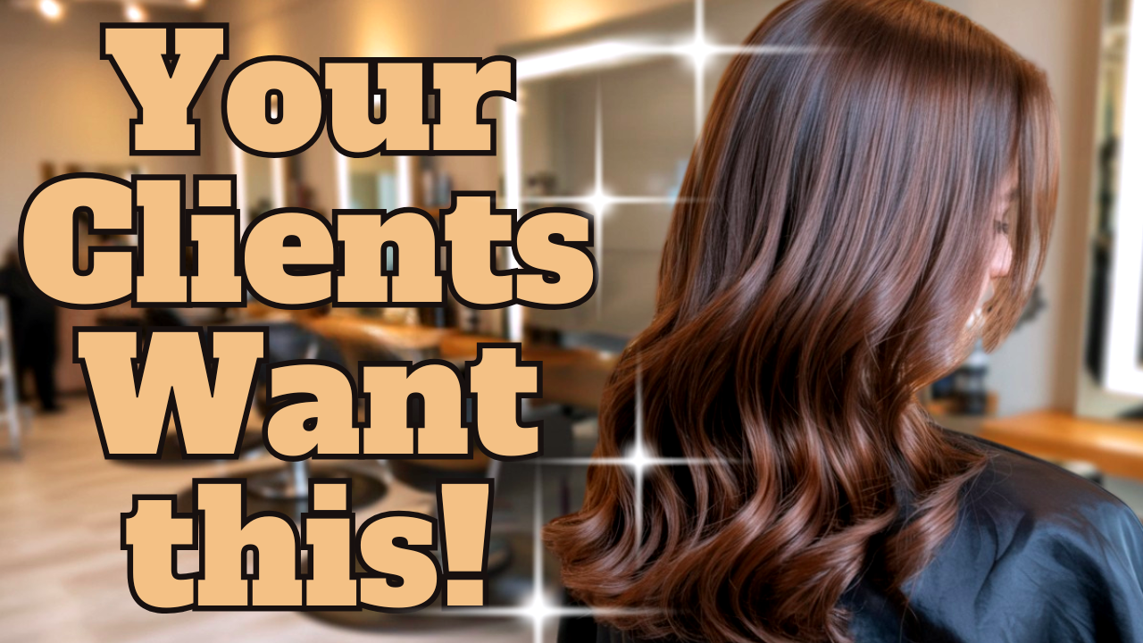 Glossy, styled brown hair shines under salon lights – the healthy hair result every client desires
